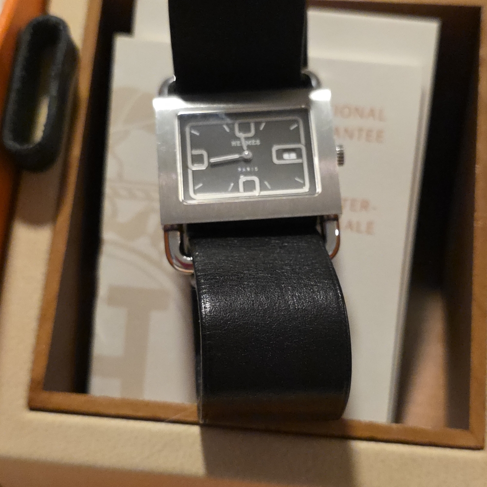 Authentic Hermes Black Leather Silver Square Watch